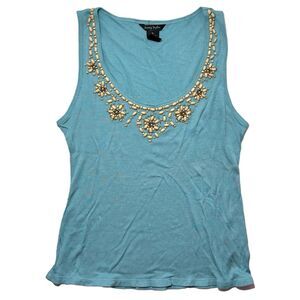 Woman's Sunny Taylor VTG Teal Blue Sleeveless Tank Top w/ Beaded Flowers Size XL